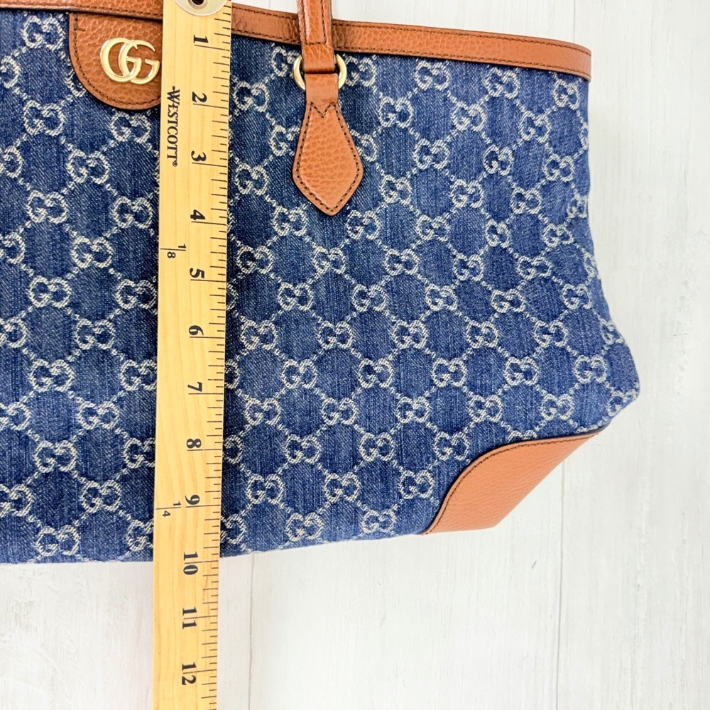 Gucci GG Monogram Denim Tote Bag Medium Blue Brown Leather Trim Tea Cuir - Picture 15 of 16